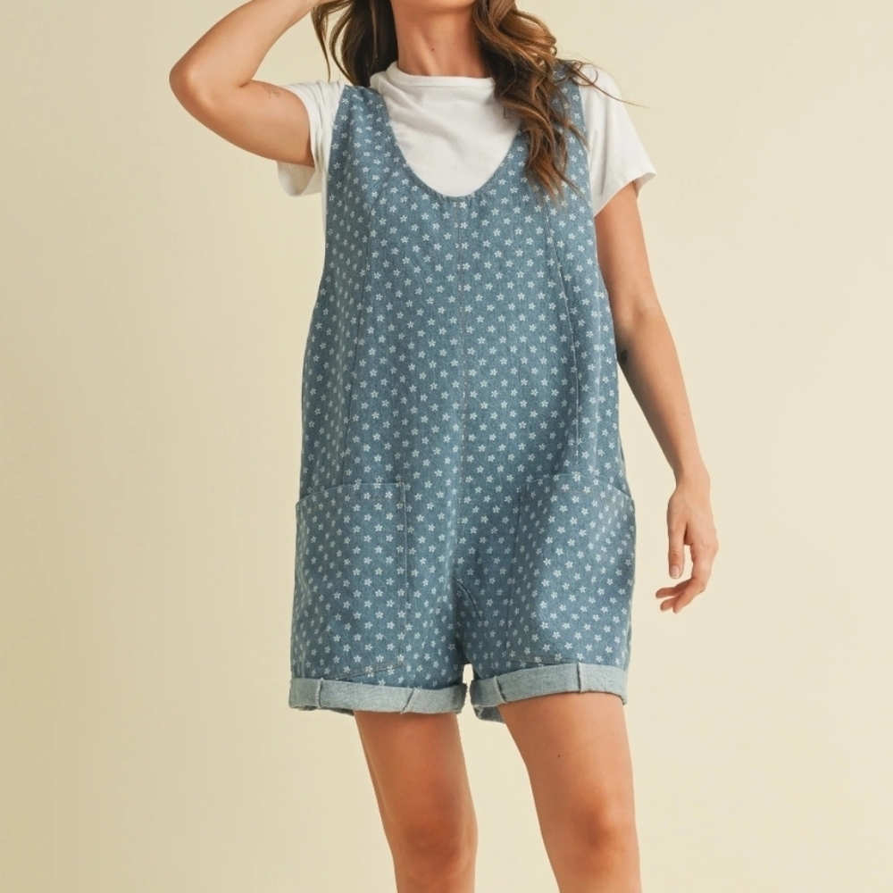 Klesis Oversized Blue Daisy Print Denim Romper In Denim Size S NwT.